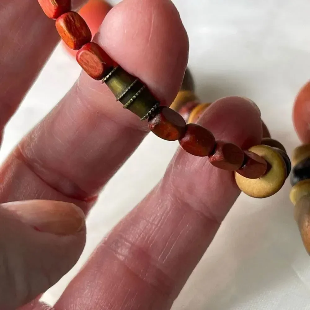 Vintage Tribal handmade wooden bone brass boho festival necklace